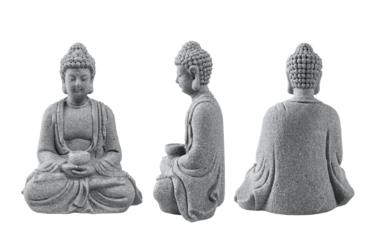 A grey, textured Buddha statue in a meditative pose, captured from the front, side, and back against a white background, emphasizing its intricate details and serene posture.