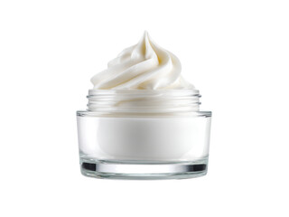 Creamy white cosmetic product in clear glass jar image, Isolated, Transparent Png