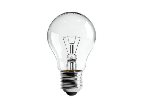 Clear glass incandescent light bulb with metal screw base lightbulb, Isolated, Transparent Png
