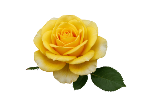 Beautiful yellow rose with green leaves isolated on transparent background