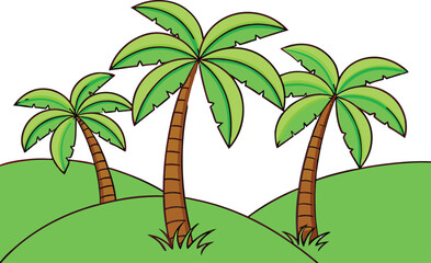 Obraz premium Tropical Island Getaway Three Palm Trees on Green Hills Illustration Evokes Relaxation and Vacation Dreams Sunny Paradise Escape