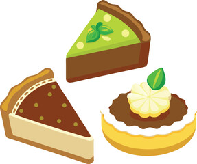 A delightful collection of stylized cake illustrations, showcasing a variety of designs from tiered wedding cakes to festive birthday cakes, often adorned with fruit and decorative elements