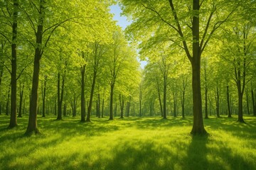 Fototapeta premium Vibrant springtime woodland scene with lush greenery and sunlit trees, showcasing nature's renewal