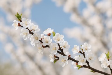Obraz premium Springtime blossom scenery featuring a flowering tree branch with white flowers.