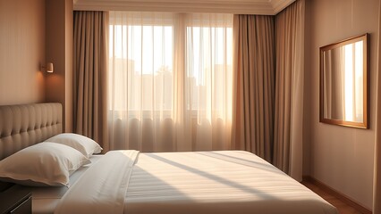 Fototapeta premium Elegant hotel bedroom with morning sunlight streaming through curtains, creating a serene and inviting atmosphere.