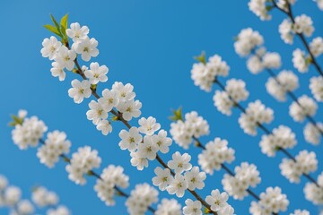Springtime scene featuring a blossoming cherry tree with vibrant flowers under a bright blue sky