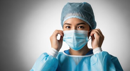 Female asian medical professional in surgical attire adjusting face mask