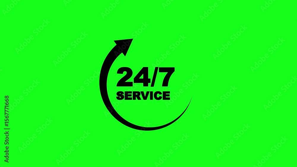 Poster 24/7 clock icon with arrow rotation icon animation .24 hours 7 days customer service 2d icon animati