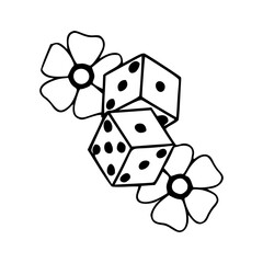 lucky dice and flowers line drawing