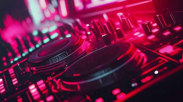 Dynamic Close-up of a DJ Controller Deck Illuminated by Energetic Red and Cyan Lights at a Nightclub Event, Perfect for Music and Party Promotion - Powered by Adobe