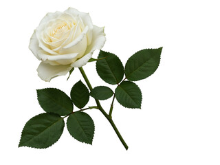 A single elegant white rose with green leaves and stem isolated on transparent background
