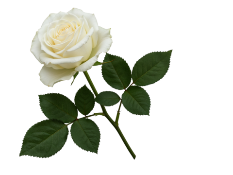 A single elegant white rose with green leaves and stem isolated on transparent background