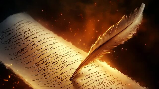 Ancient parchment scroll with feather quill on fiery background  