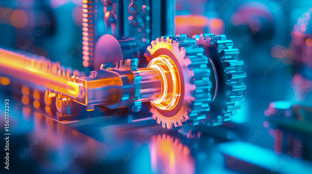 Poster close-up of vibrant illuminated mechanical gears and shafts, representing advanced technology and di