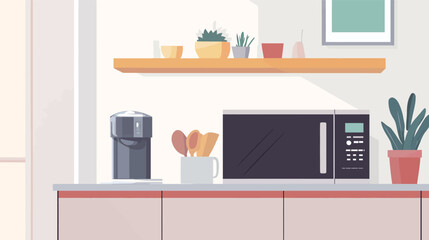 Microwave oven vector graphic design illustration with simple lines and modern style, representing kitchen appliance technology and home cooking convenience in a clean minimalistic layout.