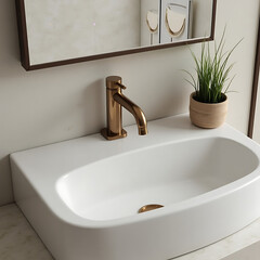 Modern Minimalist Bathroom Sink Design with Brushed Gold Faucet