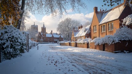 Winter street with houses covered with snow. Cozy atmosphere, tranquility. In articles about traveling, winter holidays, architecture.
