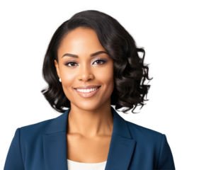 Portrait of an African American woman with shoulder-length natural hair, dressed in a light blue business jacket and white blouse.