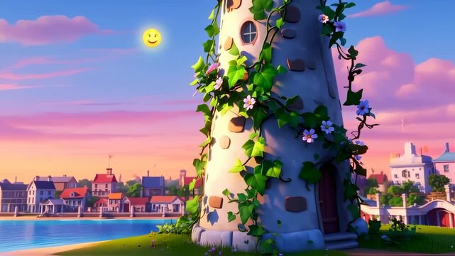 Charming lighthouse with floral embellishments at dusk, a beacon of hope and whimsy