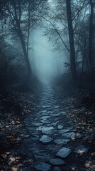 Obraz premium Misty forest with a stone path leading off into the distance, surrounded by tall trees. Suitable for book covers, movies and articles about nature and travel.