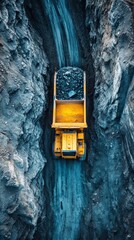 A large dump truck in a mine, loaded with ore, moving down a narrow passageway. Useful for articles on mining and mining industry.