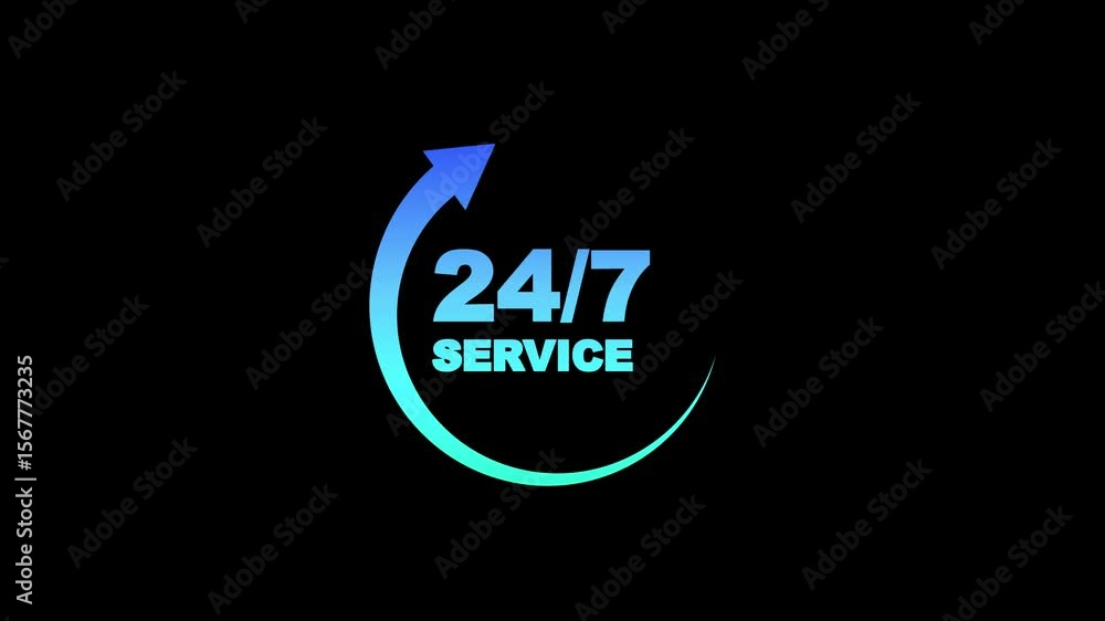 Poster 24/7 clock icon with arrow rotation icon animation .24 hours 7 days customer service 2d icon animati
