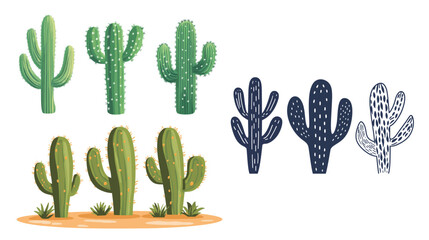 Minimalist vector graphic of a cluster of three cacti with clean lines and simple shapes, representing desert plants, nature, and botanical themes in a modern and elegant style suitable for digital an