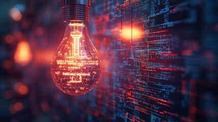 Glowing light bulb with numeric symbols on abstract background. Useful for technology articles, innovation projects and backgrounds.