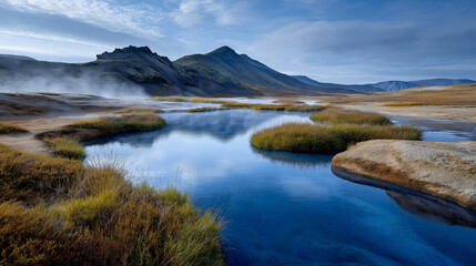 "Vibrant Krysuvik Geothermal Pools Under Clear Sky"