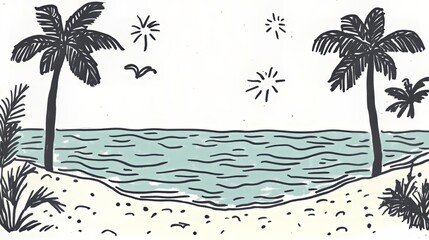 Tropical beach drawing with palm trees and ocean waves under a starry night sky