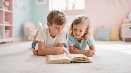 Two adorable young children are lying on a fluffy white carpet and reading a book together, bathed in soft, natural light in a brightly decorated, pastel-colored room .