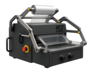 Vacuum skin packaging machine with a film stretching mechanism for a fish processing plant