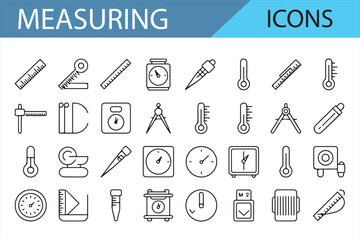 Set of Measuring Icons for Rulers, Scales, Thermometers, and Calipers