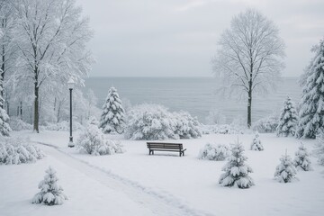 Winter wonderland at the seaside urban park