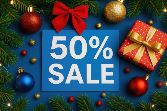 Holiday season sales featuring vibrant decorations and a 50% discount sign for storefronts and shopping centers