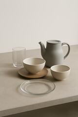 Elegant Minimalist Table Setting Grey Teapot, Bowls, and Glassware
