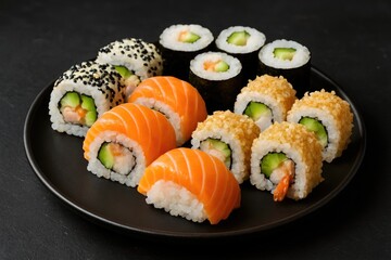 A selection of vibrant sushi rolls beautifully arranged on a sleek black dish with a dark textured backdrop