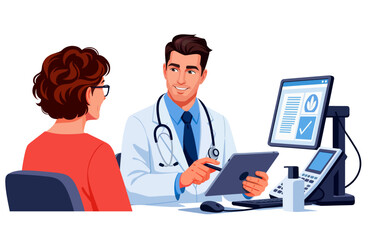 Illustration of a doctor using a tablet in a medical consultation with a female patient. Modern Diagnostics with Clinical Technology. Digital Medical Consultation Scene with a Female Patient for a Med