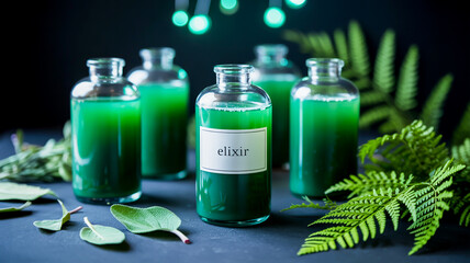 A product photography composition of clear glass bottles with green liquid against a dark background