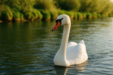 Obraz premium Beautiful swan gliding on a tiny river