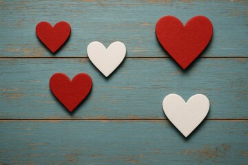 Obraz premium Romantic heart shapes set against a vintage blue wooden backdrop