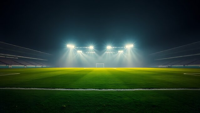 Night soccer field with glowing stadium lights