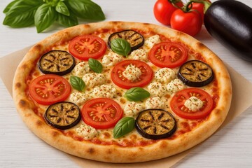 Plant-based pizza with tomato, eggplant, and seasoned cheese