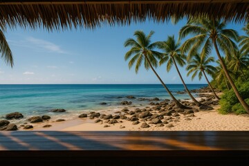 Scenic overlook from a tropical seaside bar showcasing a sandy and rocky shoreline with lush palm trees