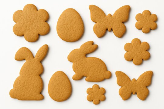 Assorted undecorated Easter gingerbread cookies in different shapes on a plain white surface