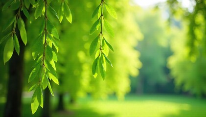Delicate Willow Branches Unfurling in Spring Sunlight Peaceful Nature Scene