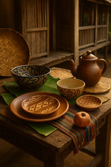 Rustic Table Setting with Handcrafted Pottery and Woven Accents