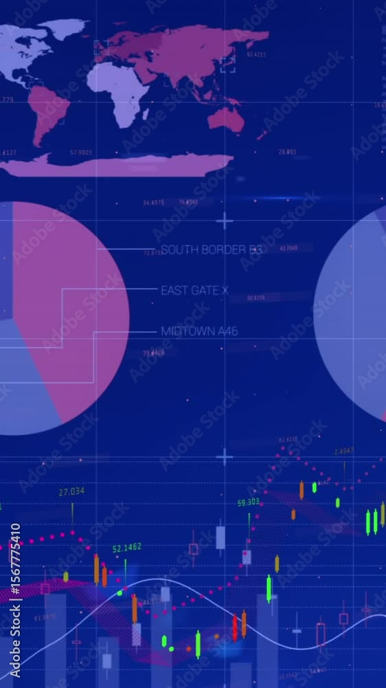 Poster animation of financial and statistical data processing against blue background