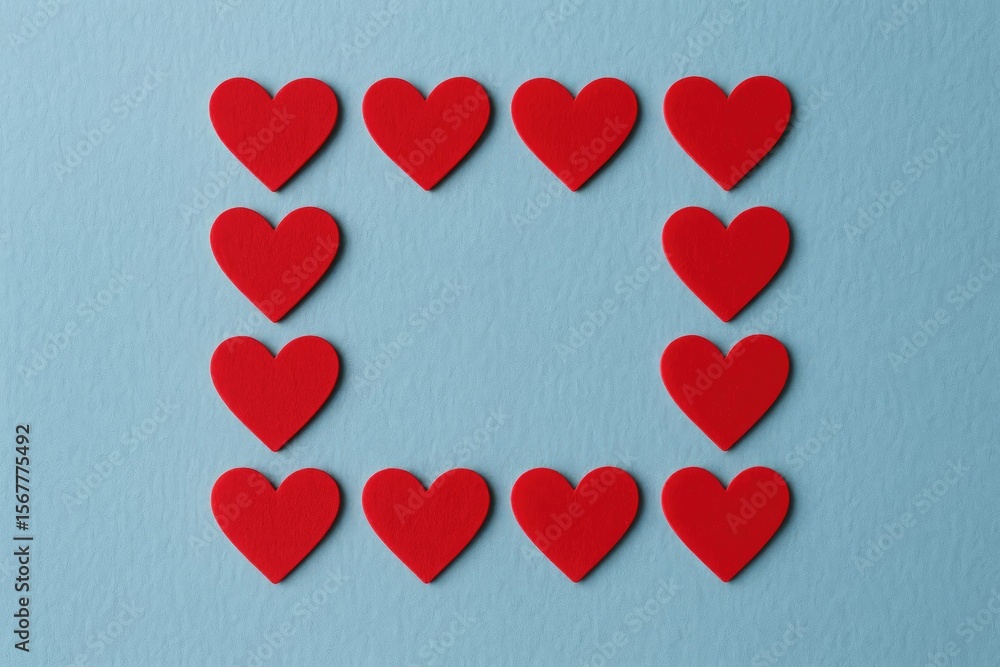 Poster valentine's day themed display featuring red hearts arranged in a grid pattern on a blue backdrop