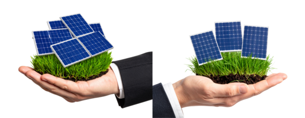 Man’s Hand Holding Miniature Green Field with Solar Panels, Isolated on Transparent Background